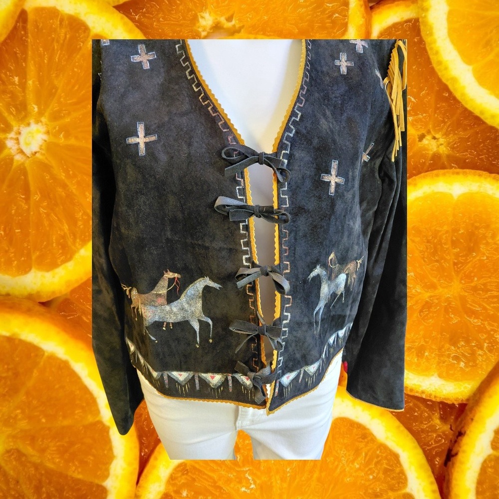 Patricia Wolf Black Suede Hand Painted Horse Fringe Western Jacket Womens Medium - Picture 7 of 15